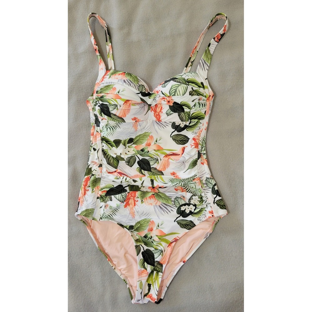 Niptuck Swim‎ Tropical Floral One Piece Swimsuit White Multi US 4 Tummy Control